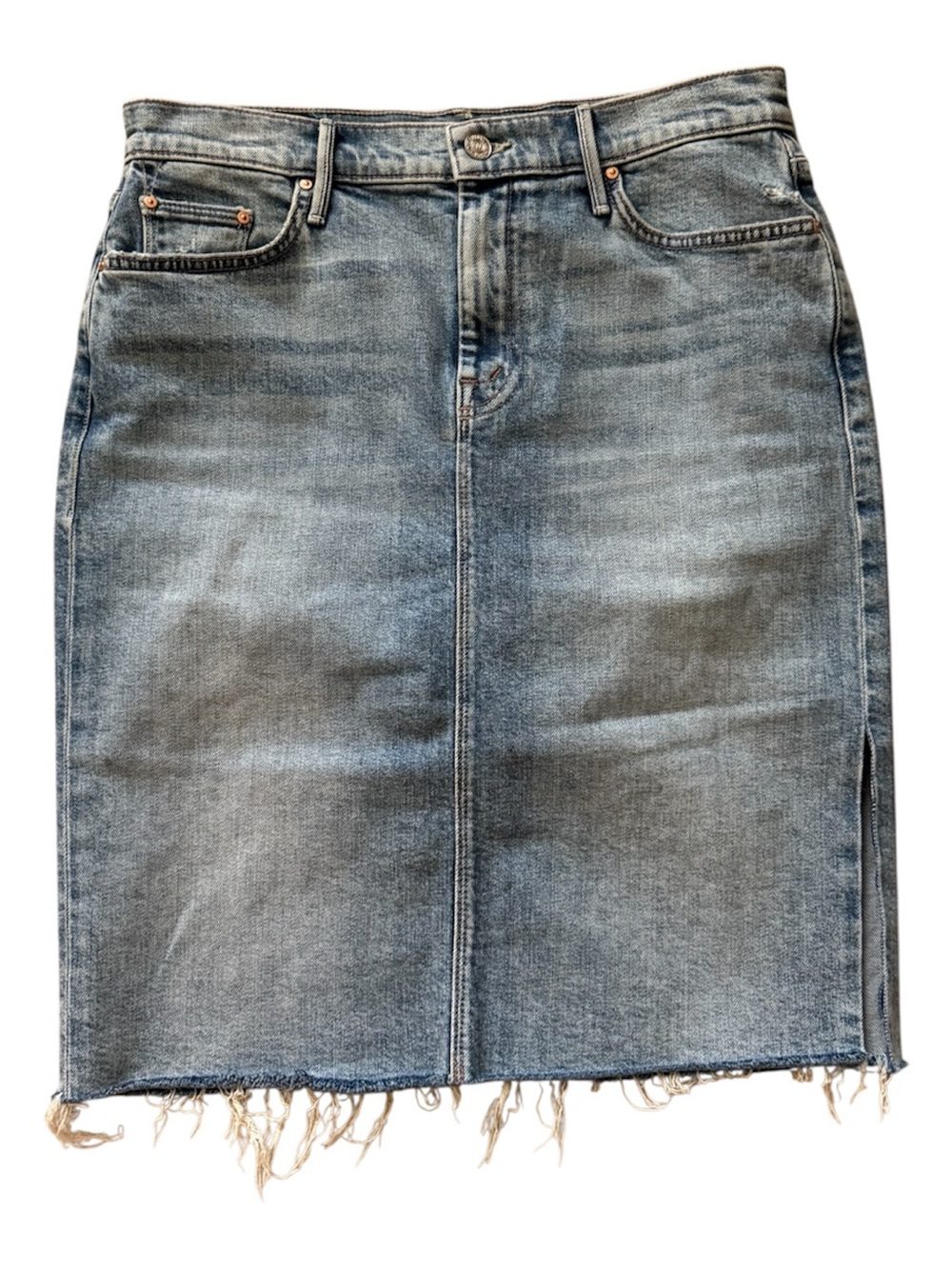 MOTHER Denim  High Waisted Slice Knee Fray Skirt